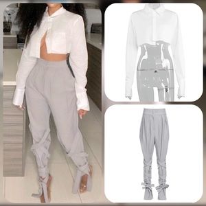 BRAND NEW/ 2 Piece GREY Woolen Pants & WHITE Cropped Blouse